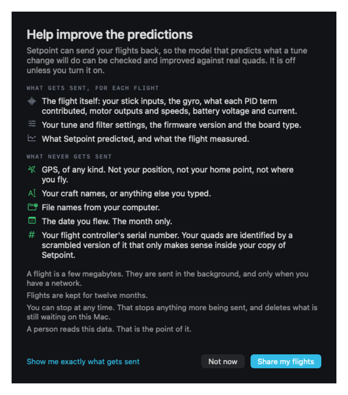 Setpoint's flight sharing consent sheet, listing what gets sent for each flight and what never gets sent, with Not now and Share my flights buttons